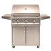 The sleek exterior design of the Alfresco Grills Artisan Professional 36” Cart Grill, 3 Burner features foldable side shelves and sturdy wheels for easy mobility