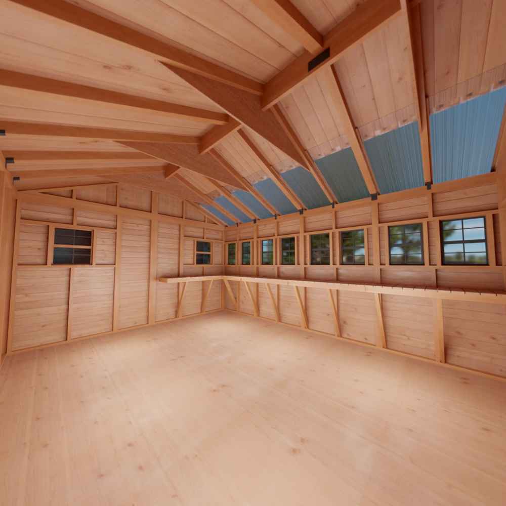 The spacious wooden interior of the Outdoor Living Today 12×16 Sunshed Garden Shed with natural light coming through the roof panelsThe spacious wooden interior of the Outdoor Living Today 12×16 Sunshed Garden Shed with natural light coming through the roof panels