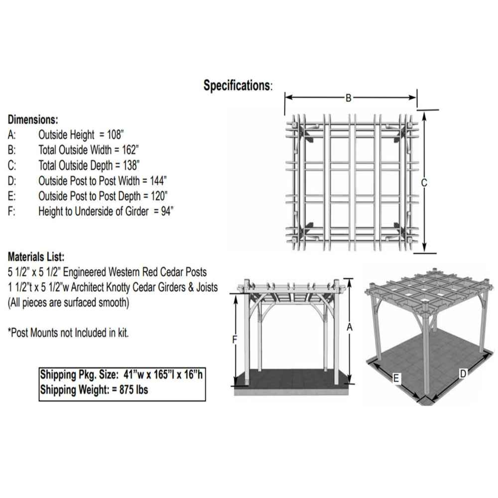 The specification drawing of the 10 x 12 Outdoor Living Today Western Red Cedar Pergola & Canopy