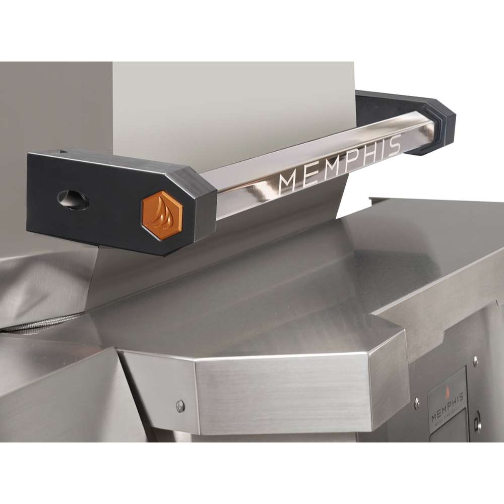 The stainless steel handle of the Memphis Grills Elevate™ 30 Built-In Pellet Grill is elegantly designed with engraved branding and ergonomic grips