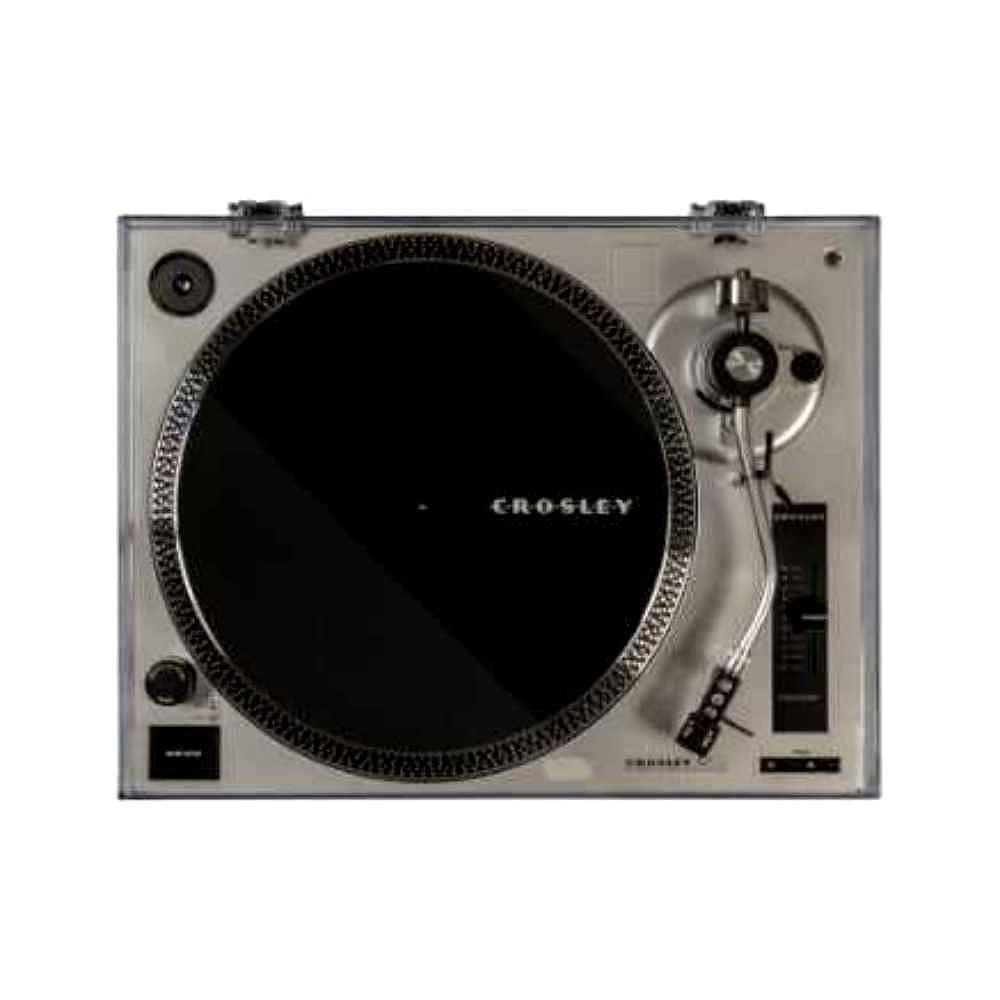 The top-down view of the Crosley C100 Turntable - Silver highlights its circular platter and modern control layout