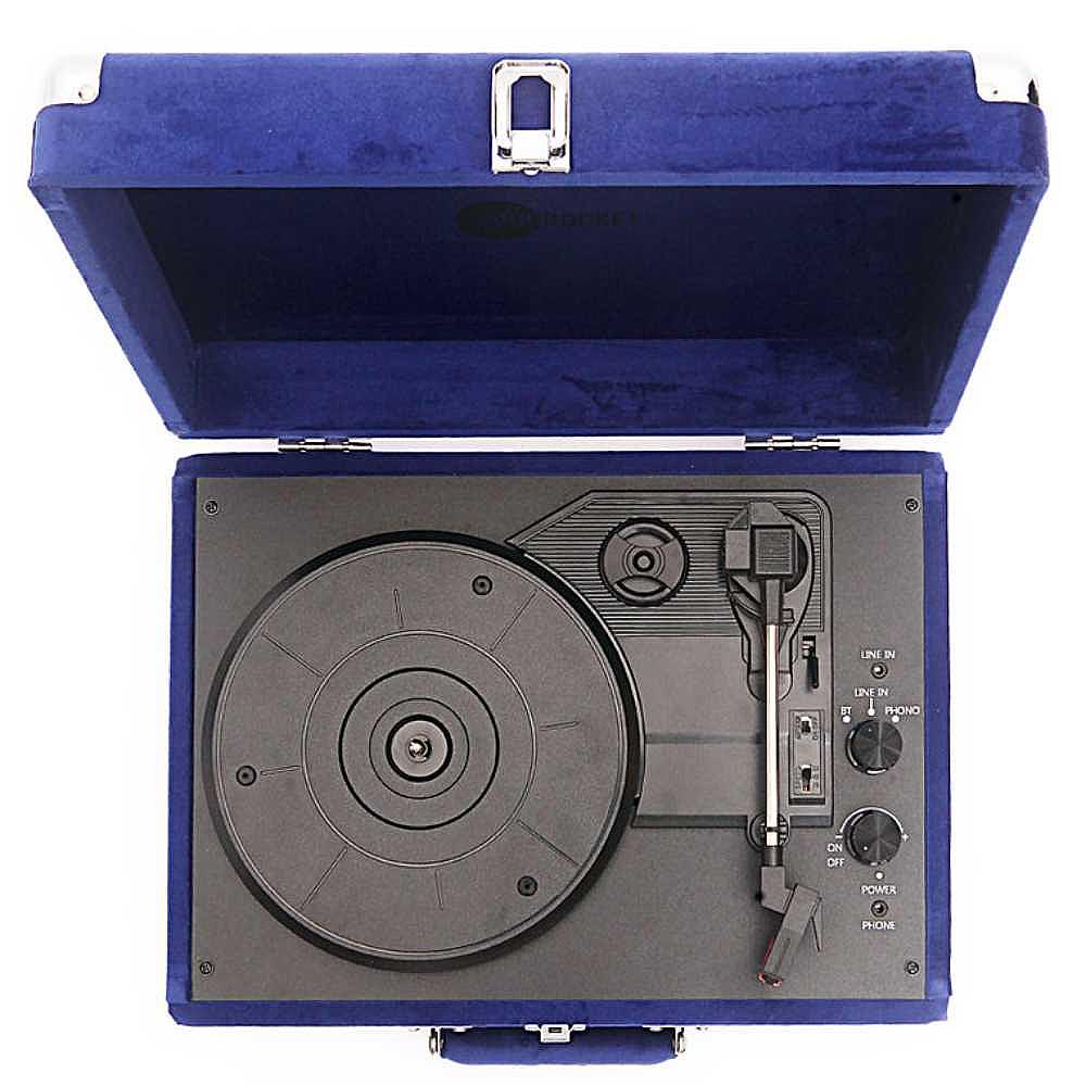 The top view of the Arkrocket Curiosity Suitcase Bluetooth Turntable (Klein Blue) reveals the platter, tonearm, and control knobs inside the case