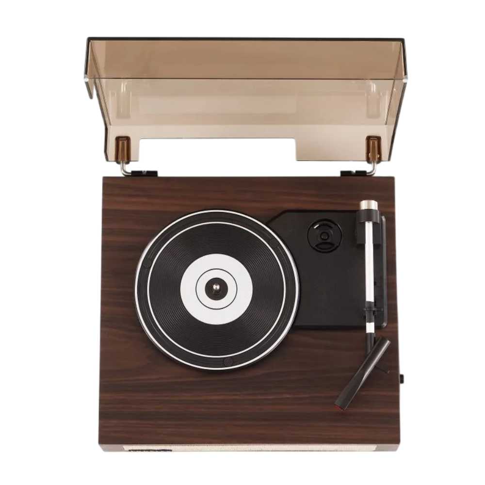 The top view of the Crosley Scout Turntable - Walnut with the dust cover open reveals the turntable platter, tonearm, and minimalist control layout