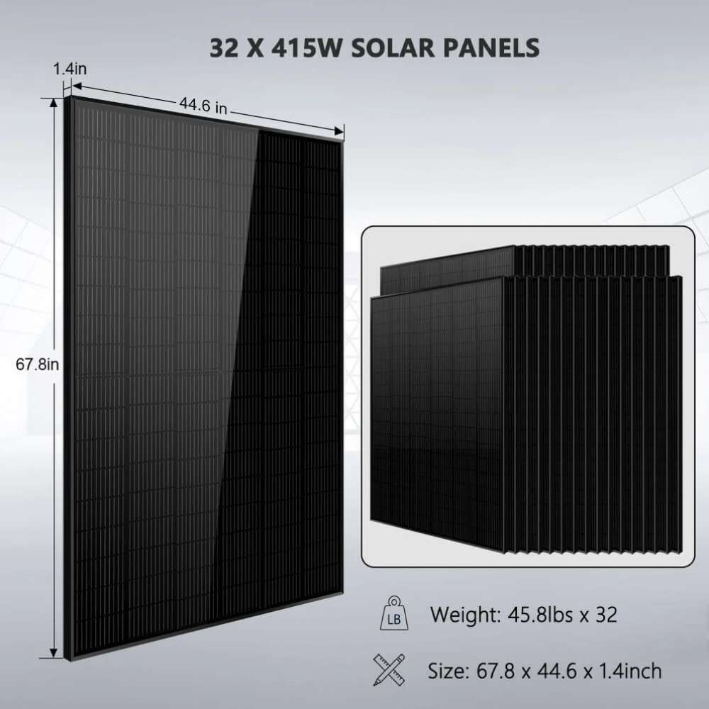 Thirty-two 415W solar panels included with Sun Gold Power 15200W 48V Split Phase 30.72KWH Lithium Battery Hybrid Solar Kit with size details