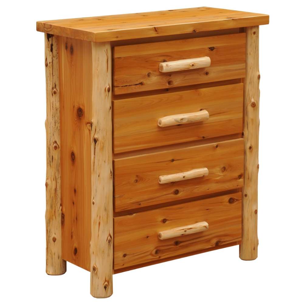 This view of Fireside Lodge Voyageur Four Drawer Chest displays the full front with all drawers closed, highlighting the handcrafted log handles and natural wood grain