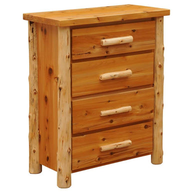 This view of Fireside Lodge Voyageur Four Drawer Chest displays the full front with all drawers closed, highlighting the handcrafted log handles and natural wood grain