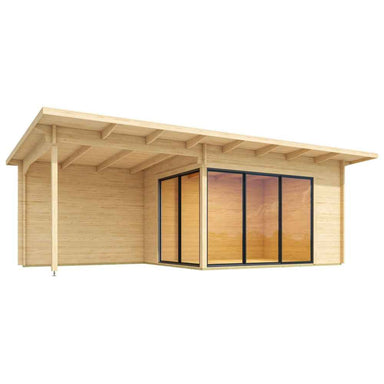 This GardenHouse24 USA Starla 44C ALU ISO Garden Room is shown as a clean, empty 3D model featuring floor-to-ceiling corner glass walls under a wide wooden roof