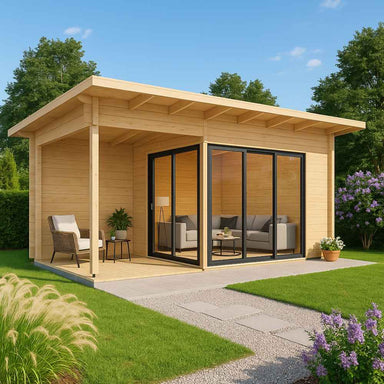 This GardenHouse24 USA Starla 44C ALU ISO Garden Room is shown with patio seating in a lush garden, creating a cozy and modern outdoor retreat