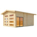 This angle highlights the front and side of the GardenHouse24 USA Caddie 70B ALU ISO Garden Room, emphasizing the glass sliding doors and symmetrical window layout