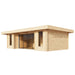 This angled rear view of the GardenHouse24 USA ALU Concept 70Q Garden Room highlights the clean lines, natural wood finish, and full-height corner windows