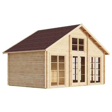 This angled view of the GardenHouse24 USA Bern 70 Garden Room showcases its symmetrical glass façade, gable roof, and clean wooden siding