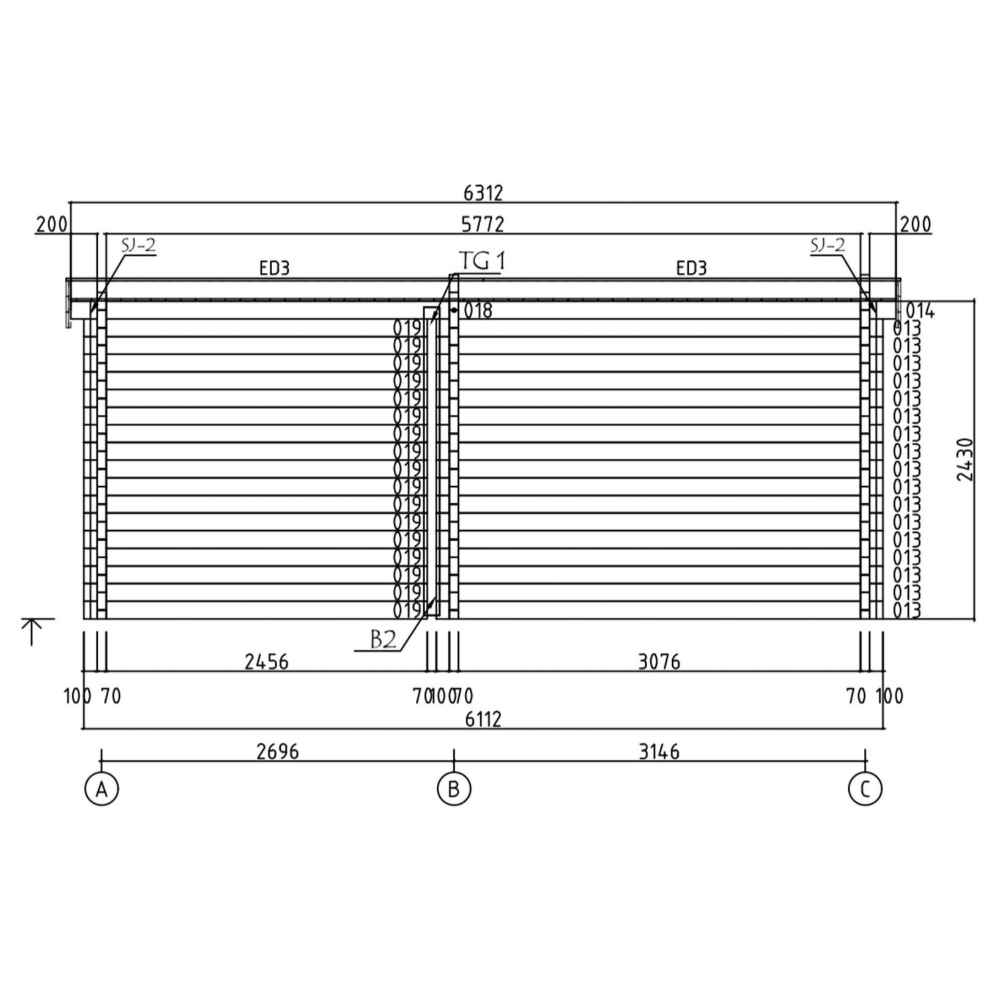 This architectural diagram illustrates the front wall dimensions and panel configuration of the GardenHouse24 USA ALU Concept 70M Garden Room