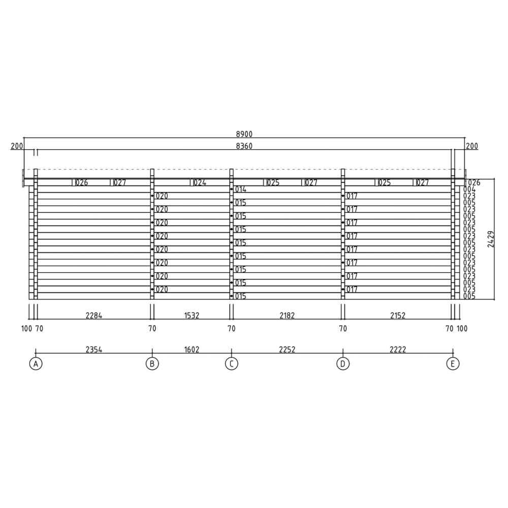 This architectural drawing of the GardenHouse24 USA ALU Concept 70O Garden Room shows front wall framing and dimensions for precise construction