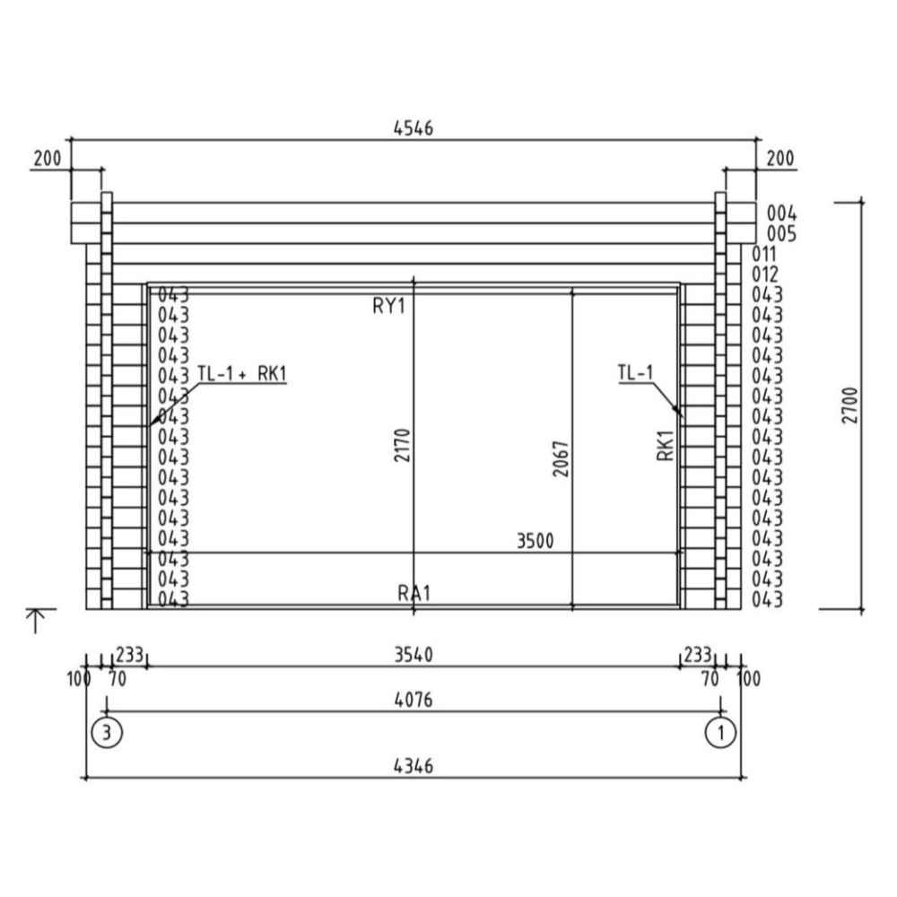 This architectural drawing shows a frontal cross-section of the GardenHouse24 USA ALU Concept 70K Garden Room, emphasizing wall thickness and internal dimensions