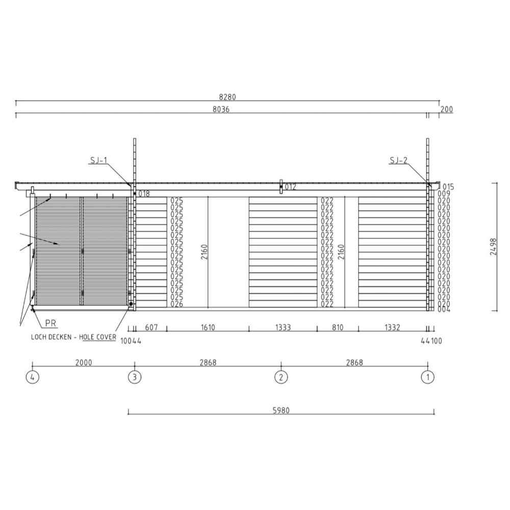 This architectural side-section drawing outlines structural dimensions and vertical panel layouts of the GardenHouse24 USA ALU Concept Arosa 70C Garden Room