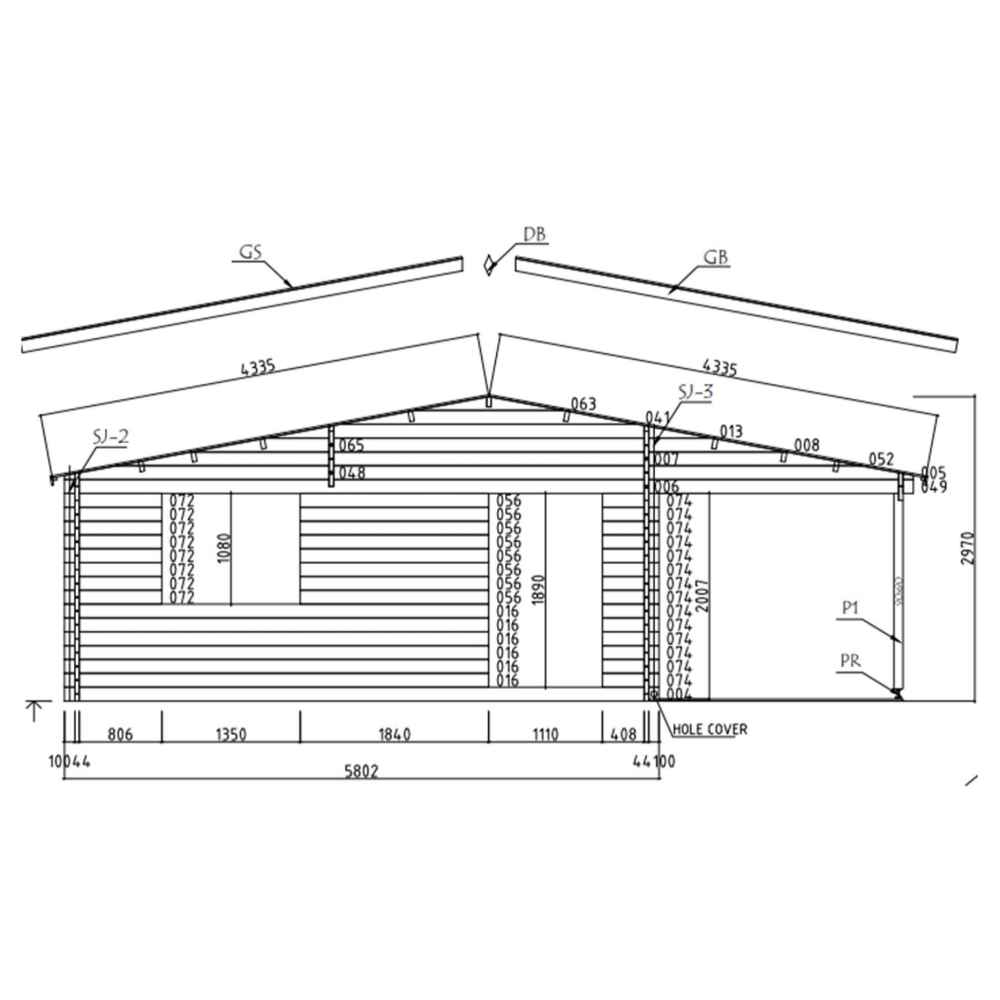 This architectural side drawing includes roof slope and wall openings of the GardenHouse24 USA Skanderborg 44 Garden Room