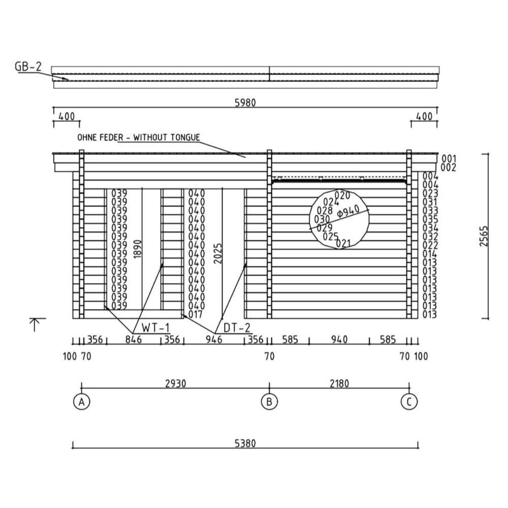 This architectural side drawing of the GardenHouse24 USA Sauna Sahib 70 Garden Room shows detailed measurements including the cabin's length, height, and window placement