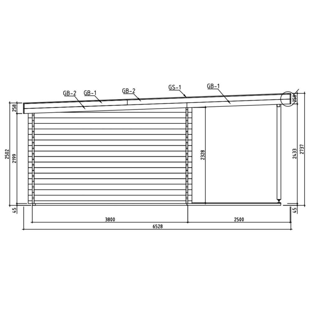 This architectural side elevation diagram shows the height, depth, and roof pitch of the GardenHouse24 USA Kevin 44 VD Garden Room