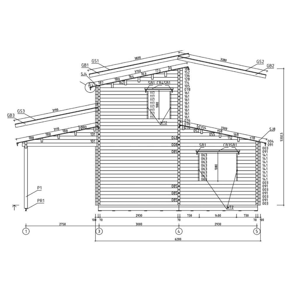 This architectural side elevation of the GardenHouse24 USA Marcy 70 Garden Room shows roof angles, window placement, and exterior wall specs