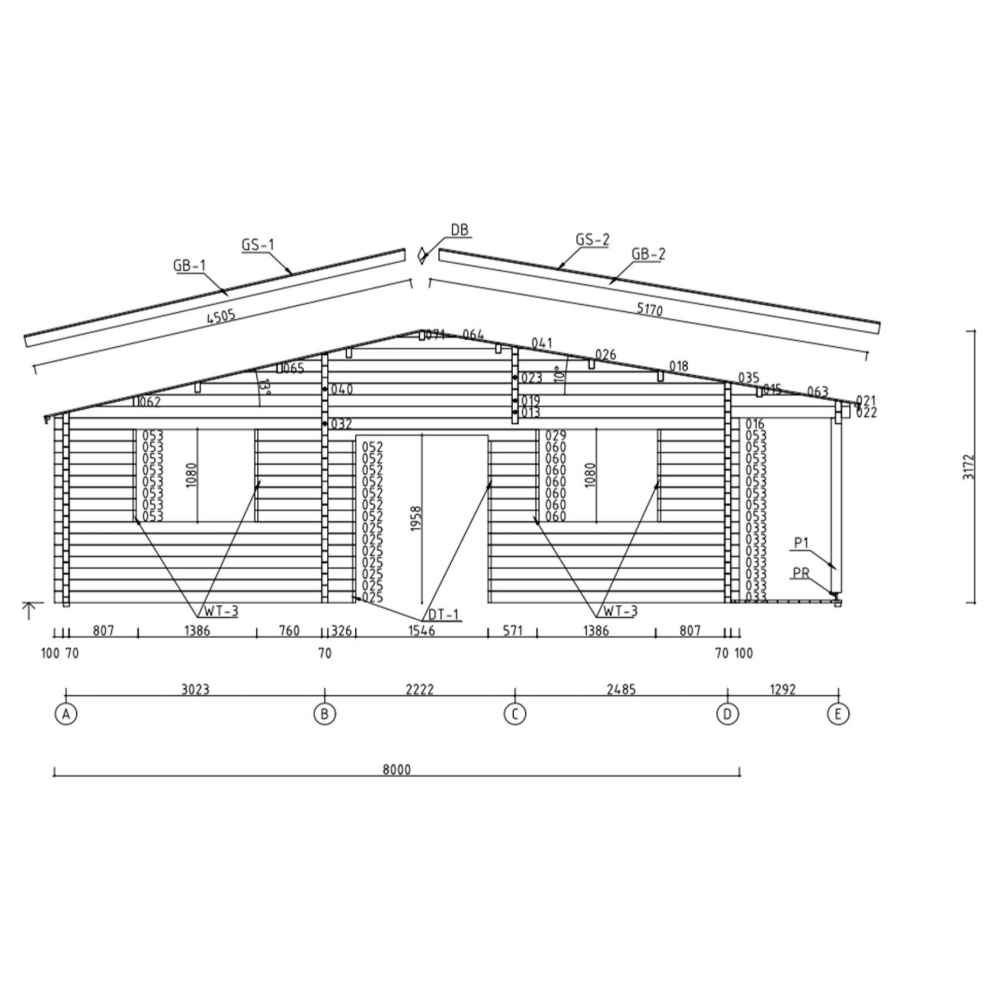 This architectural sketch shows a front elevation of the GardenHouse24 USA Bente 70 Garden Room, highlighting door and window placements with roof angles