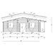 This architectural sketch shows a front elevation of the GardenHouse24 USA Bente 70 Garden Room, highlighting door and window placements with roof angles