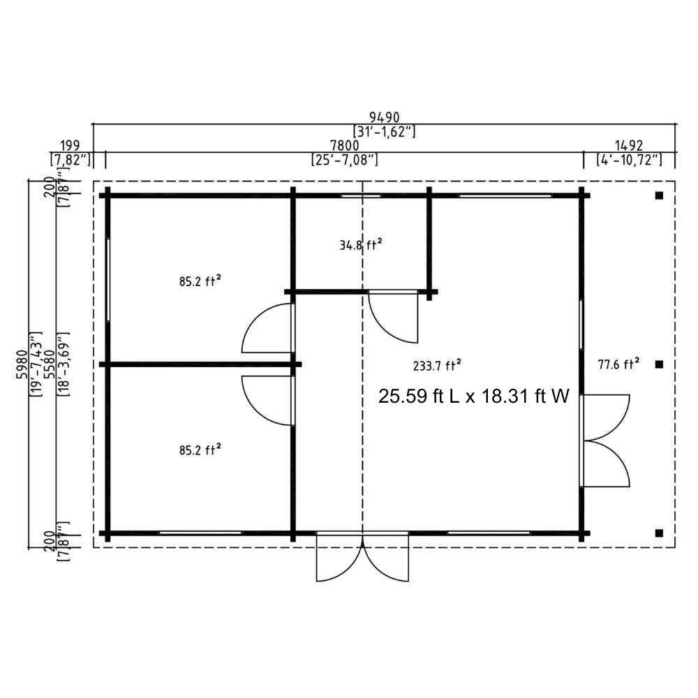 This blueprint shows GardenHouse24 USA Bente 70 Garden Room layout in square feet with a clear breakdown of interior space by room