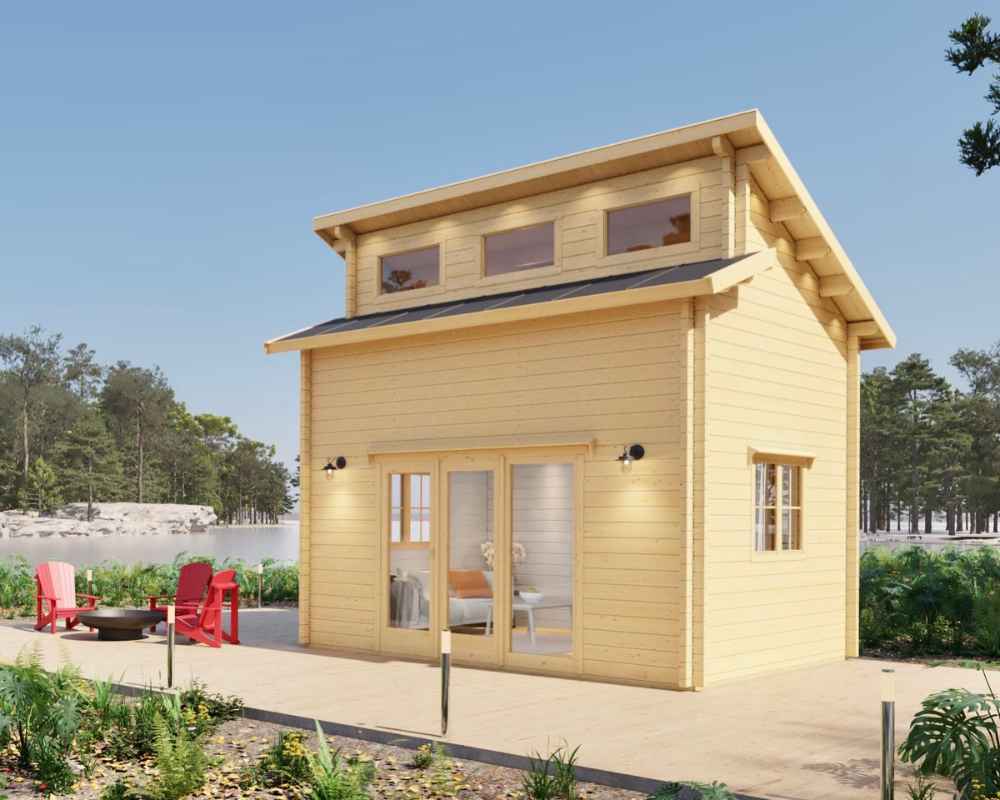 This bright, lakeside cabin with double doors and an open deck is the Sawmill Structures The Versa 160 Atrium Loft 70MM Garden Room