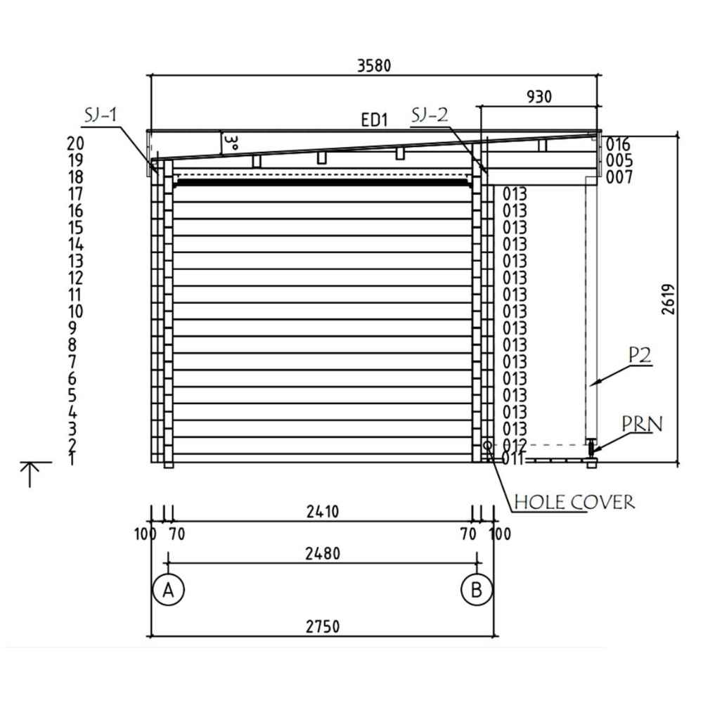 This cross-section diagram of the GardenHouse24 USA Asta 70 Garden Room displays height and depth specifications of the structure from the side
