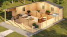 This cutaway view of the GardenHouse24 USA Vienna 70 Garden Room reveals a fully furnished interior with living, bedroom, and bathroom spaces