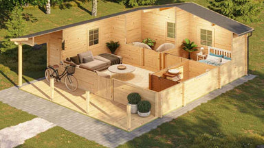 This cutaway view of the GardenHouse24 USA Vienna 70 Garden Room reveals a fully furnished interior with living, bedroom, and bathroom spaces