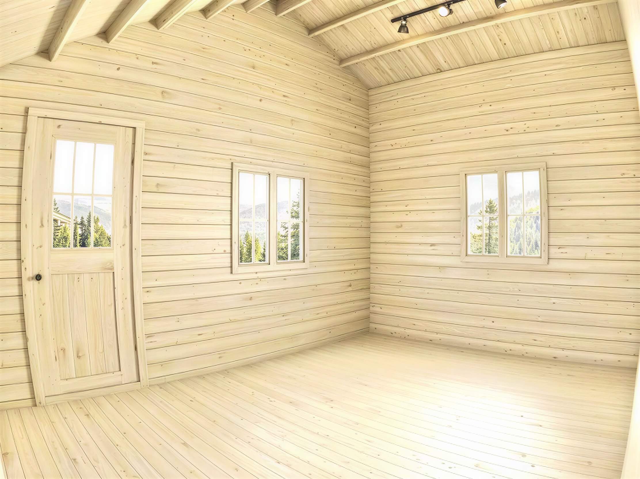 This empty wooden interior with pale planks and high ceilings highlights the raw space of a Sawmill Structures BlueWater Bungalow 160 Garden Room