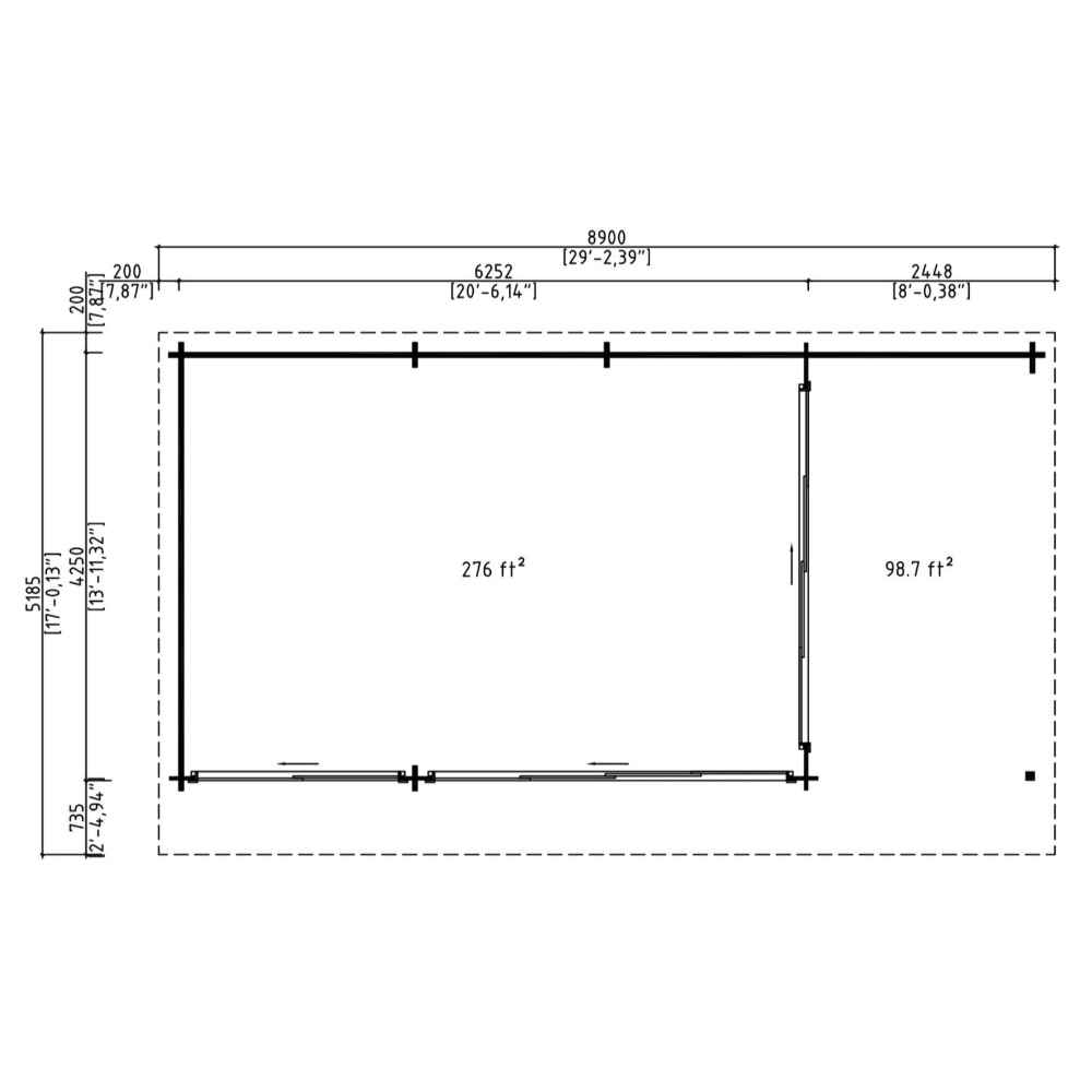 This floor plan diagram shows the GardenHouse24 USA ALU Concept 44O Garden Room with two defined interior spaces totaling about 375 square feet