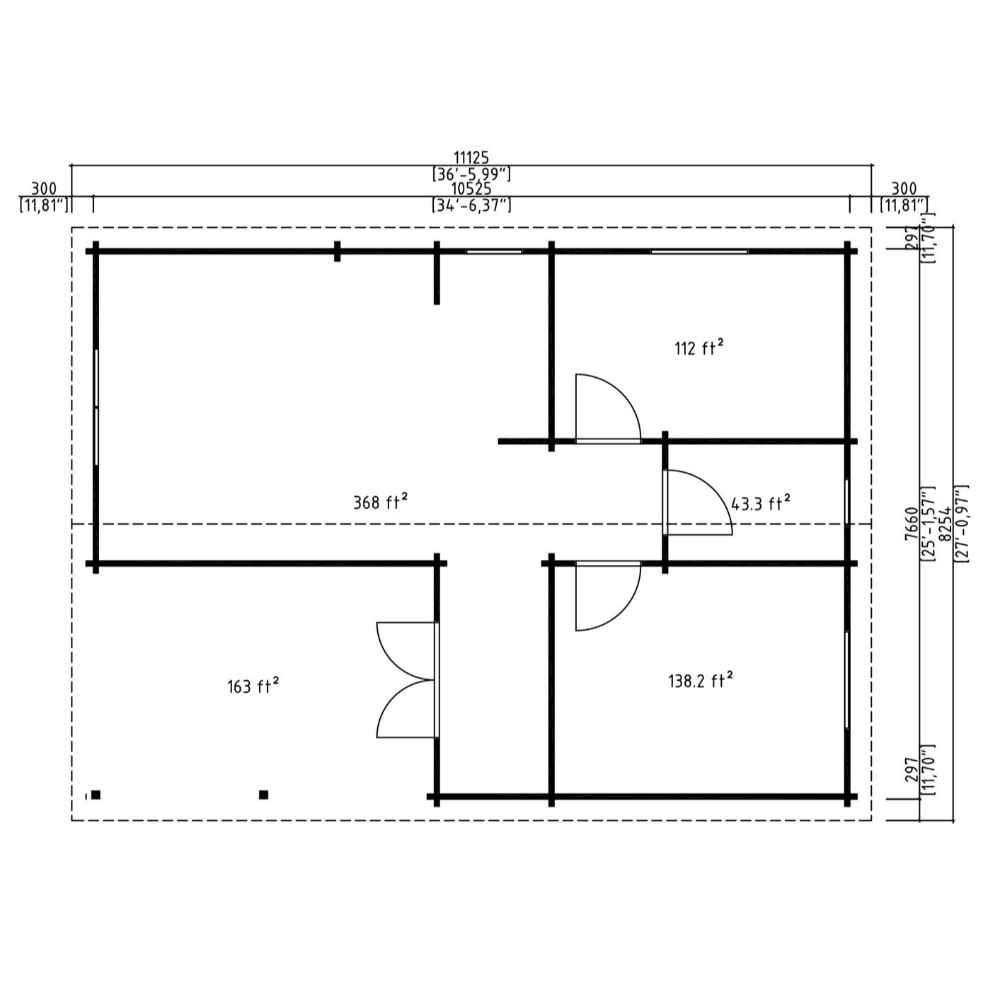 This floor plan of the GardenHouse24 USA Bendy 70 Garden Room displays four labeled rooms with square footage, door placements, and total width and depth measurements