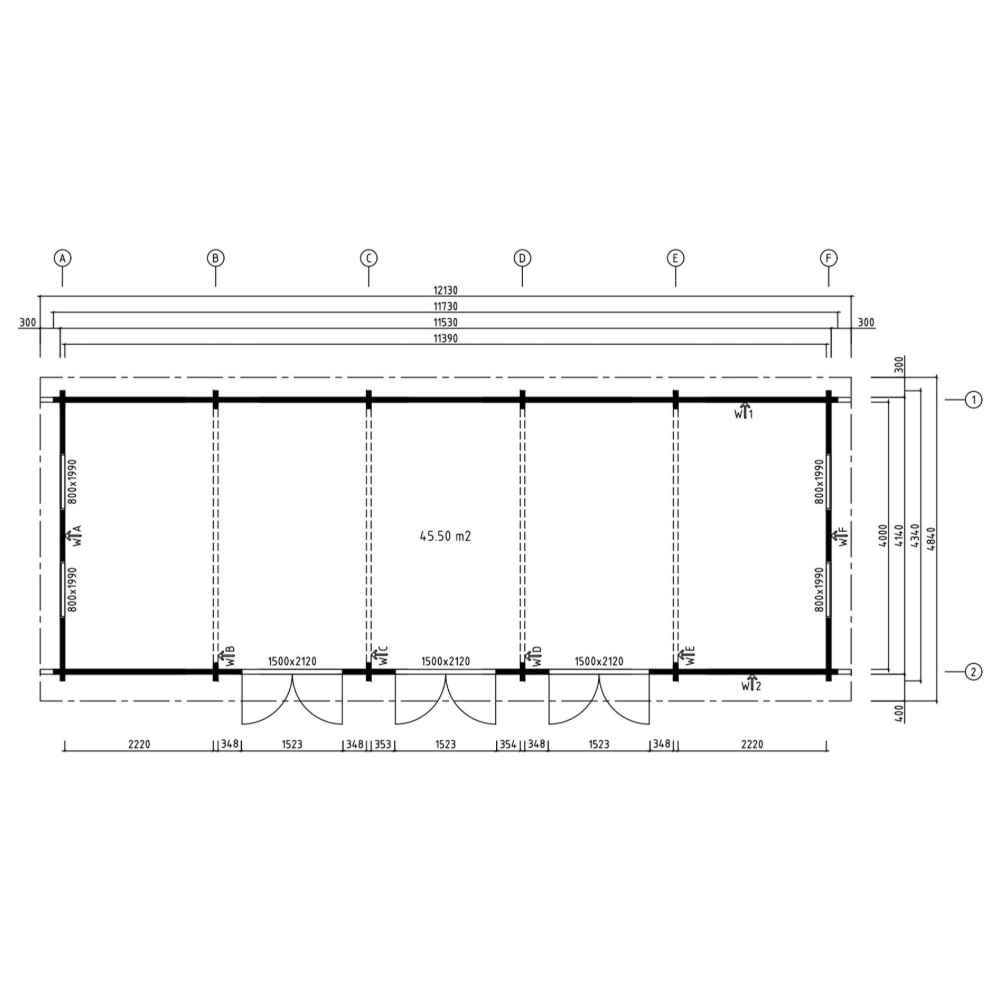 This floor plan of the GardenHouse24 USA Game Room 70 Garden Room shows a long rectangular layout with detailed dimensions and multiple front-facing doors