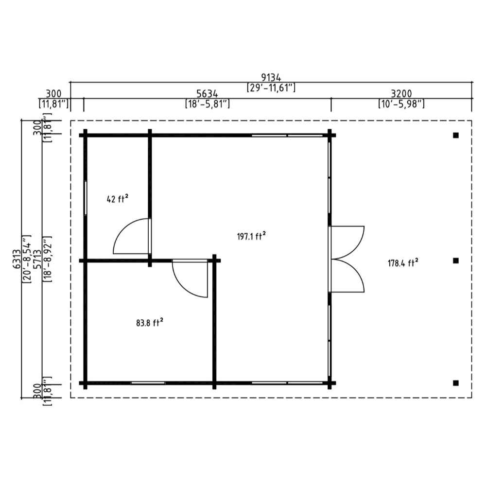 This floor plan outlines the GardenHouse24 USA Taunus 70 VD Garden Room with labeled dimensions and areas for each room and the patio