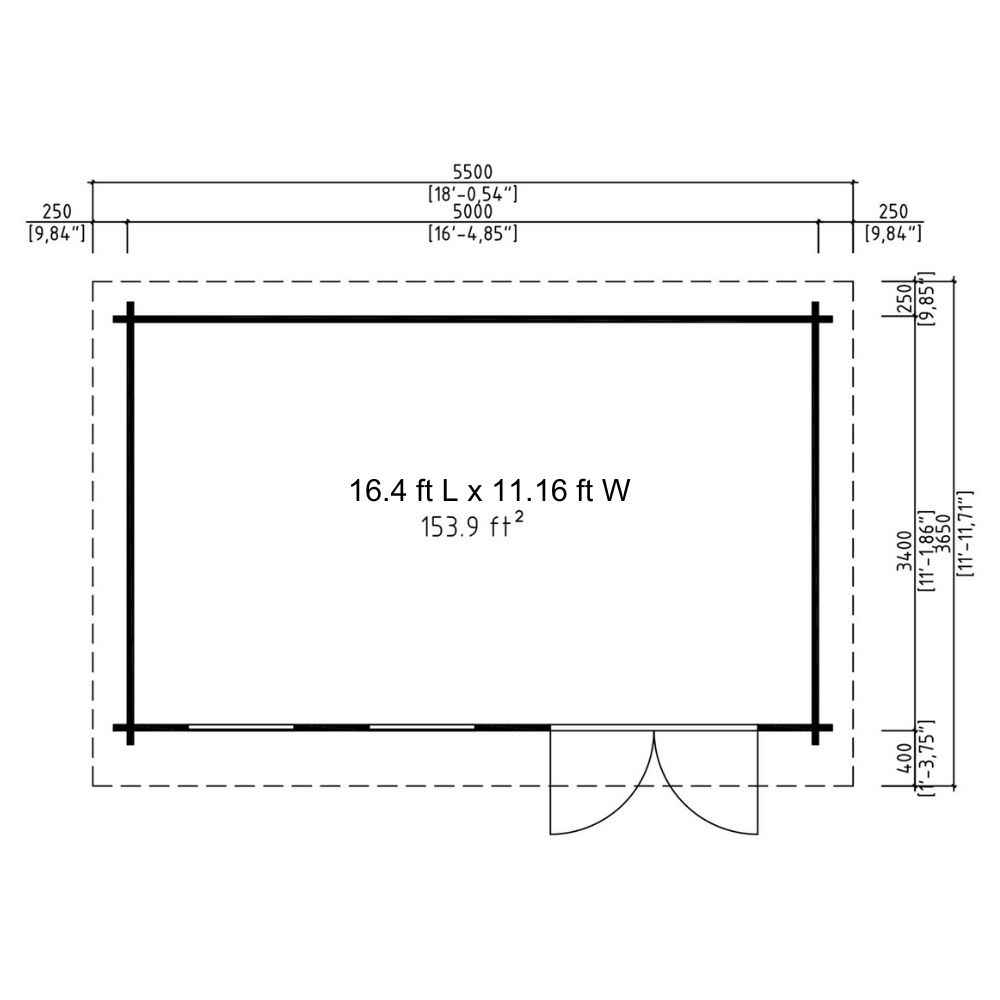 This floor plan shows the layout of GardenHouse24 USA Miriam 44B Classic Garden Room highlighting a 153.9 ft² open space with a centered entrance and wall measurements