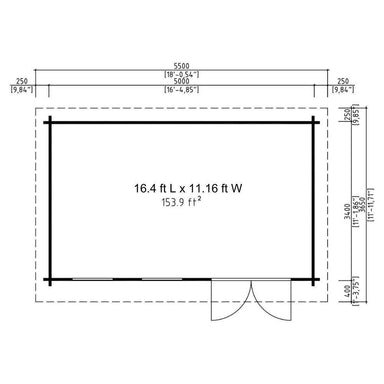 This floor plan shows the layout of GardenHouse24 USA Miriam 44B Classic Garden Room highlighting a 153.9 ft² open space with a centered entrance and wall measurements