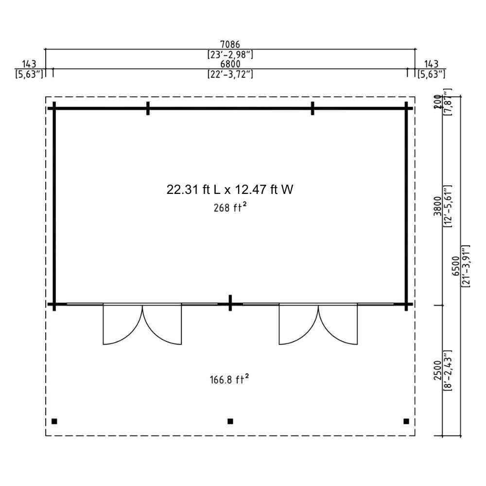 This floor plan view outlines the interior and covered terrace areas of GardenHouse24 USA Kevin 44 VD Garden Room
