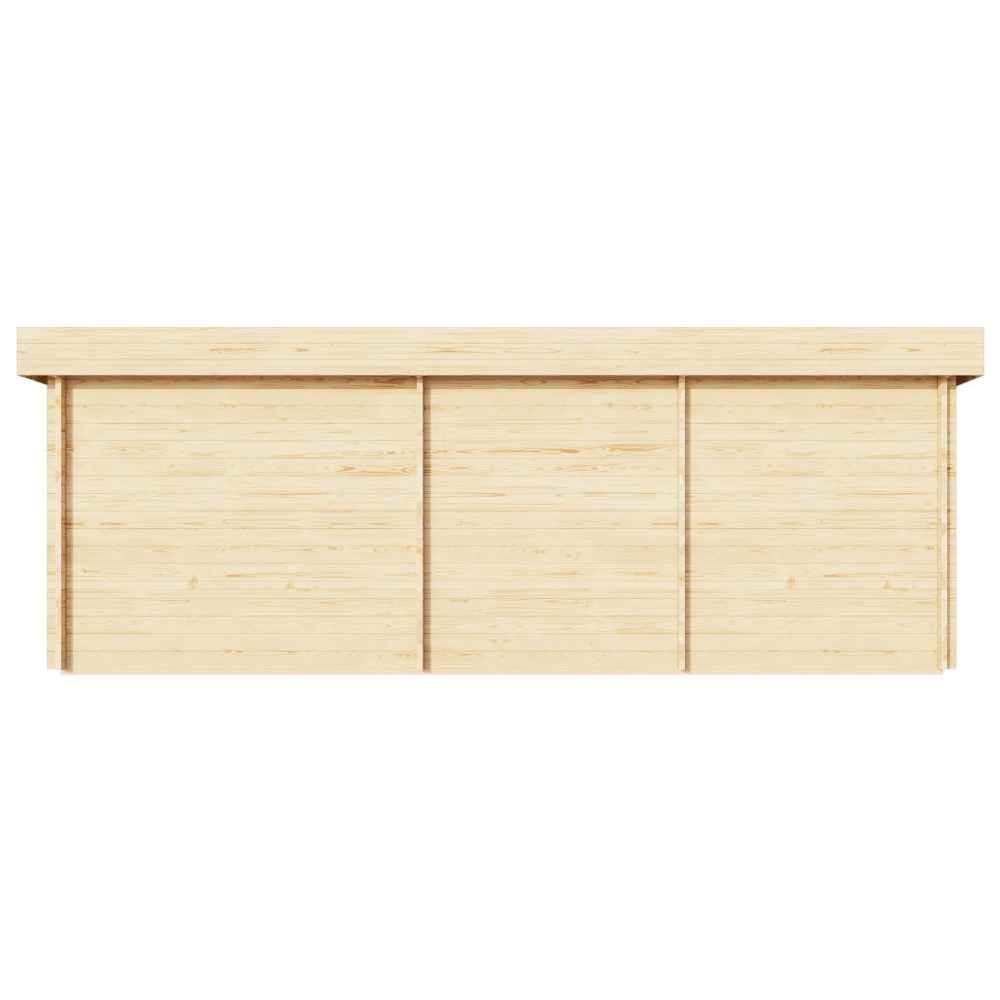 This image displays the back side of the GardenHouse24 USA ALU Concept Quinta 70 Garden Room with three wooden panels arranged in a smooth, continuous design