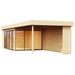 This image shows the GardenHouse24 USA ALU Concept 70A AB Garden Room empty, highlighting its wooden structure and full glass front and side walls