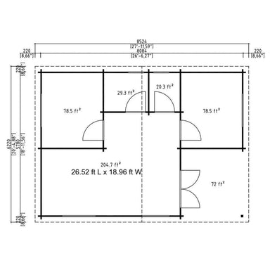 This imperial version of the layout shows square footage of each room in GardenHouse24 USA Skanderborg 44 Garden Room