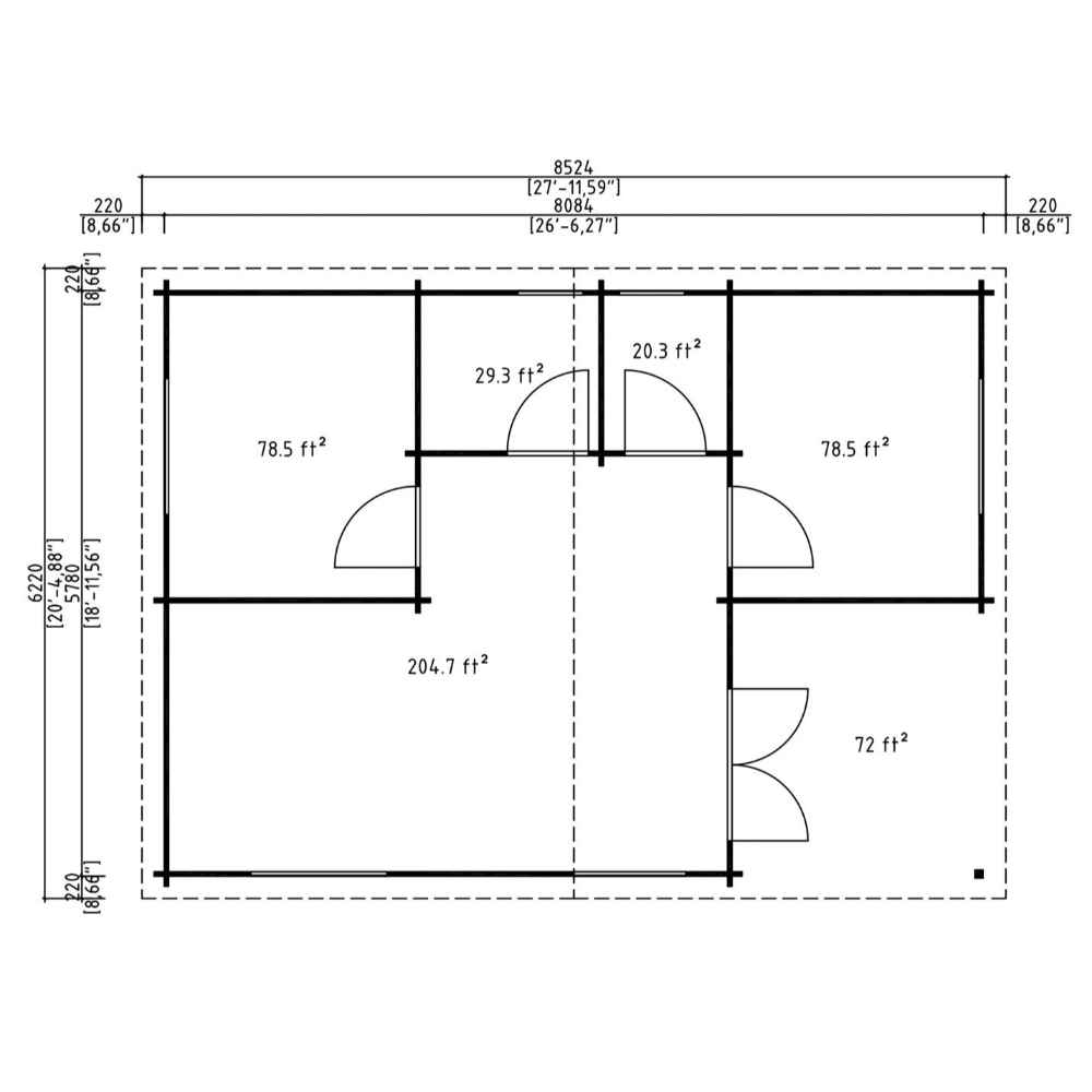 This imperial version of the layout shows square footage of each room in the GardenHouse24 USA Skanderborg 44 Garden Room