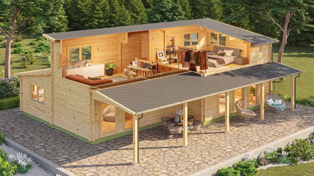 This overhead cutaway of the GardenHouse24 USA Marcy 70 Garden Room displays the upper-level bedrooms and closet space with large windows