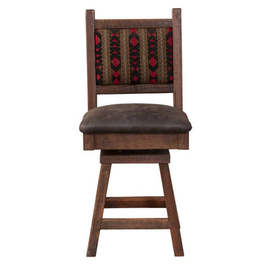 This rustic wooden seat with a patterned backrest and cushioned top is the Fireside Lodge Barnwood Colonial Swivel Barstool
