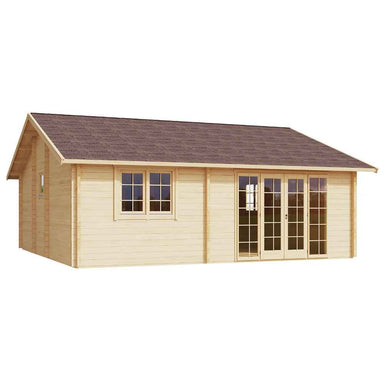 This side-angle view shows the GardenHouse24 USA Skive 70 Garden Room's clean-lined exterior, double windows, and spacious width under a sloped roof