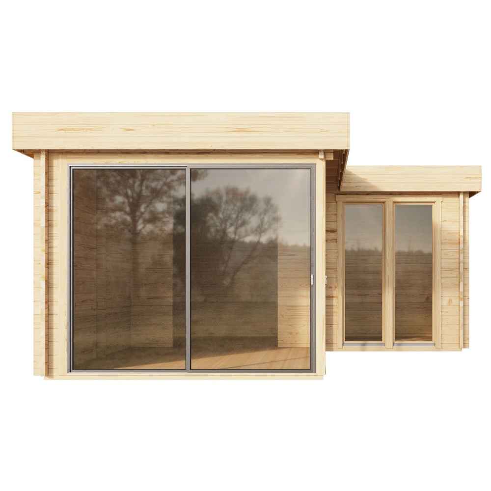 This side angle of the GardenHouse24 USA ALU Concept Quinta 70 Garden Room features a large glass sliding door and a narrower glass-paneled section