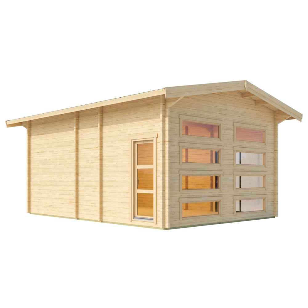 This side angle shows the GardenHouse24 USA Caddie 70B ALU ISO Garden Room with vertical paneling, a side window, and a neat row of rectangular windows on the front