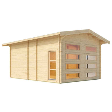 This side angle shows the GardenHouse24 USA Caddie 70B ALU ISO Garden Room with vertical paneling, a side window, and a neat row of rectangular windows on the front