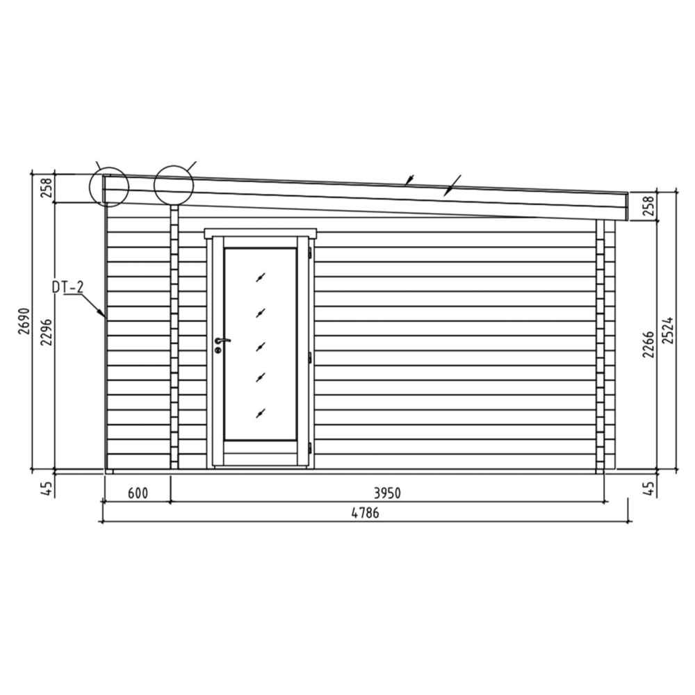 This side elevation drawing shows the GardenHouse24 USA ALU Concept 70I Garden Room with door dimensions, wall height, and roof slope clearly marked