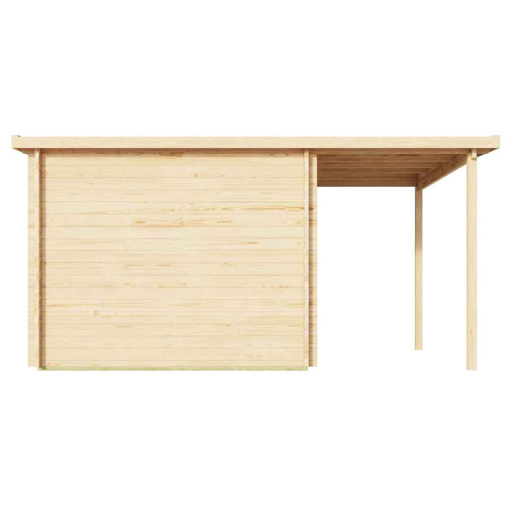 This side profile highlights the GardenHouse24 USA ALU Concept 70F Garden Room with its extended roof and plain wood paneling
